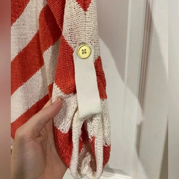 Chicos Womens Sweater 1 Small Chevron Stripe Coral Salmon Ivory Roll-Tab Dolman - Picture 6 of 10